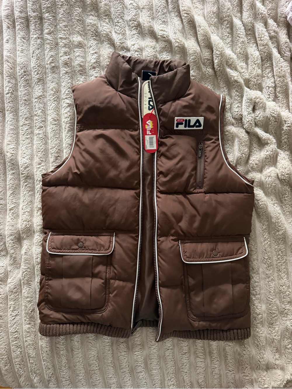 FILA Brown Quilted Puffer Vest with Patch Logo